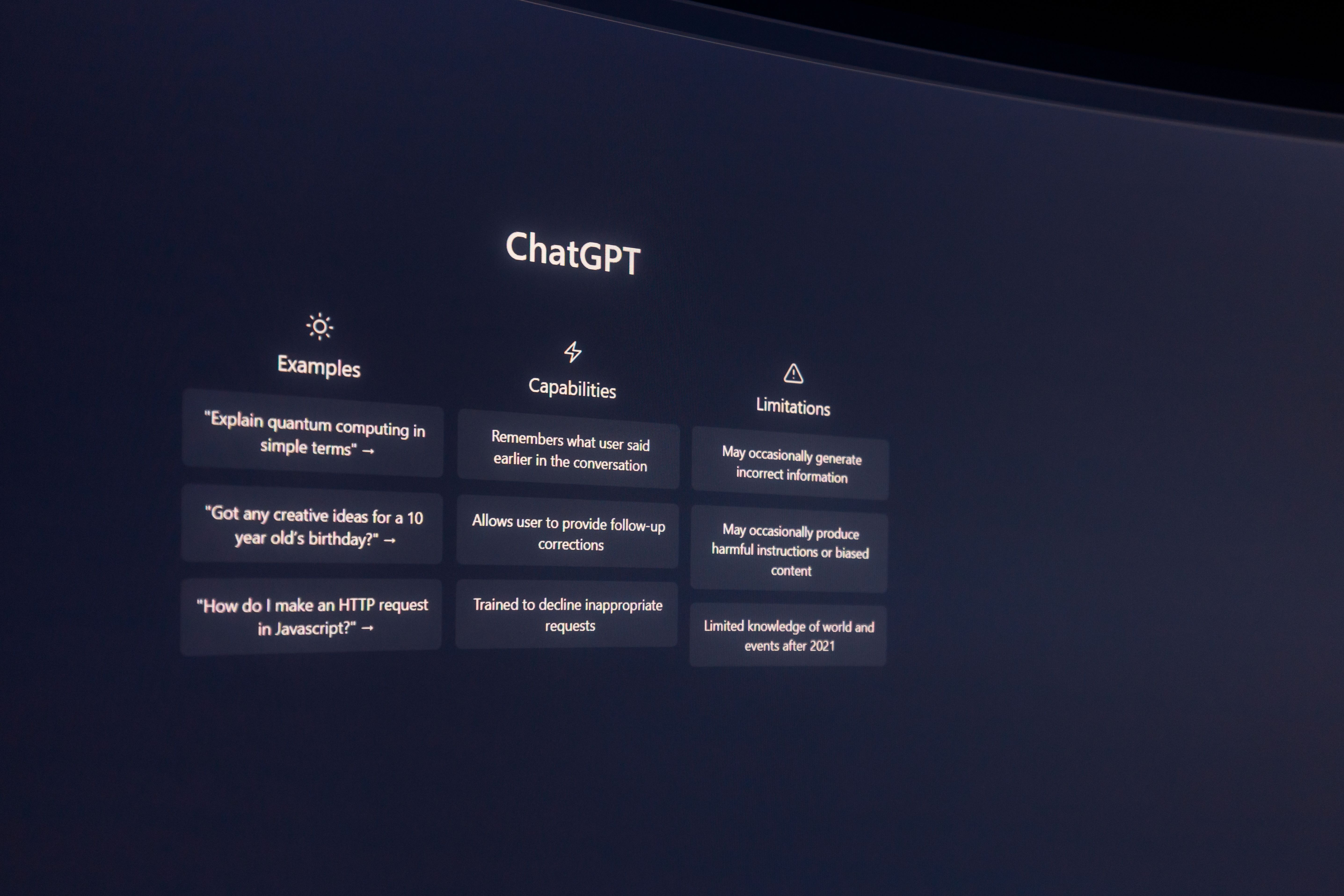 Computer screen displaying ChatGPT examples, capabilities, and limitations for AI content detection